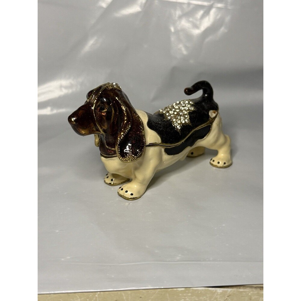 Basset Hound Dog Trinket Box Enamel Crystal Hinged Lid Jeweled Collection 4”